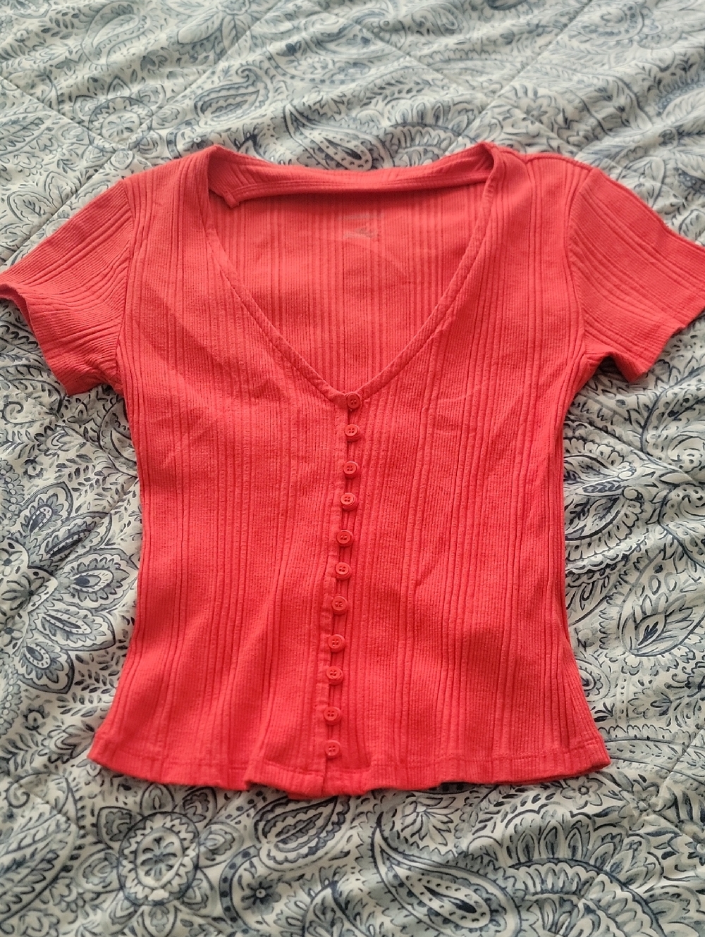 Anthropologie Ribbed V-Neck Short Sleeve Button Front Top